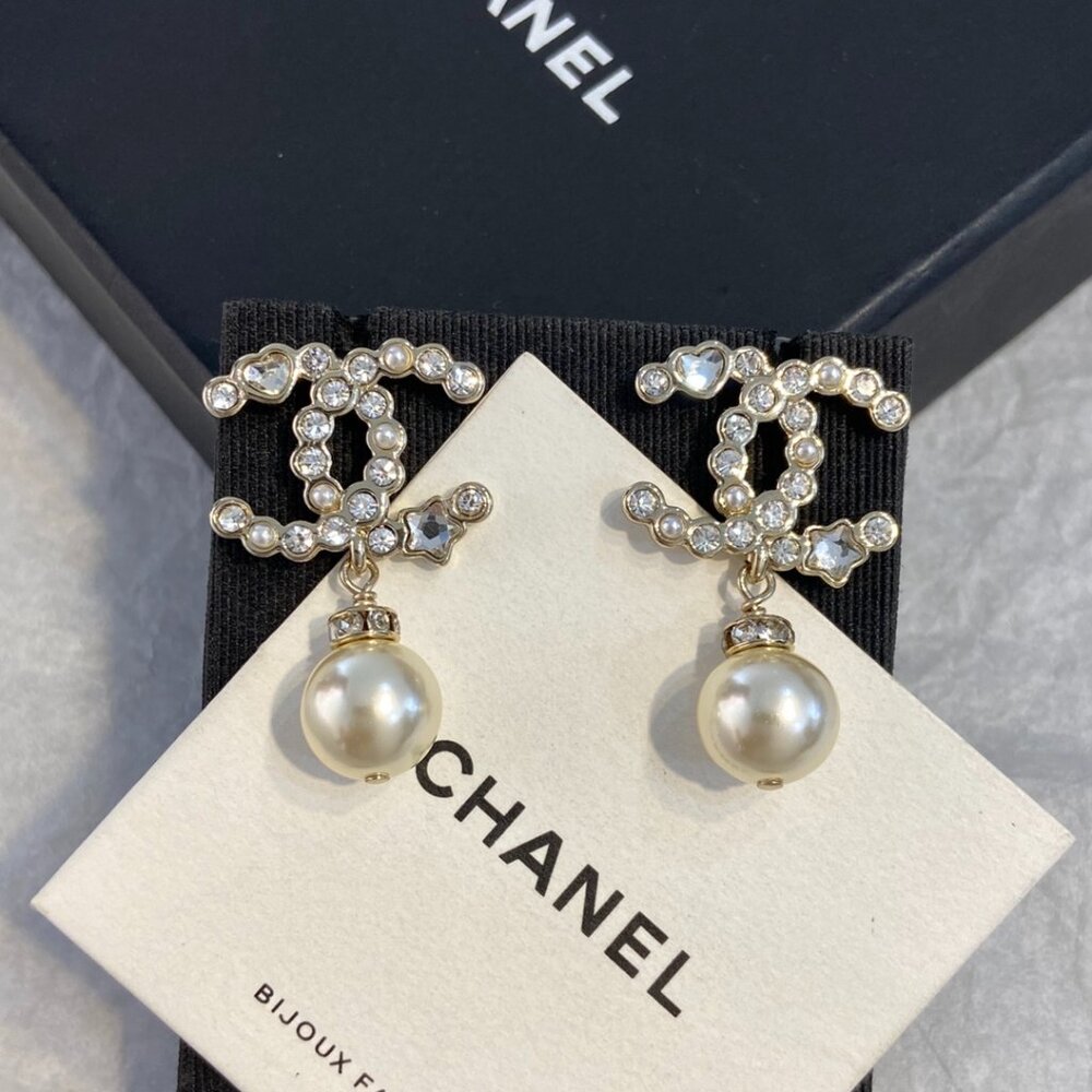 Authentic Chanel CC Logo Crystal Pave Faux Pearl Dangle Earrings